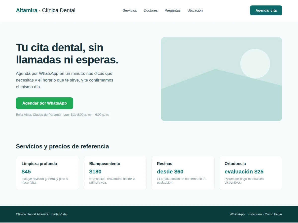 Captura del sitio de Clínica Dental Altamira, con sus servicios y botón de cita por WhatsApp