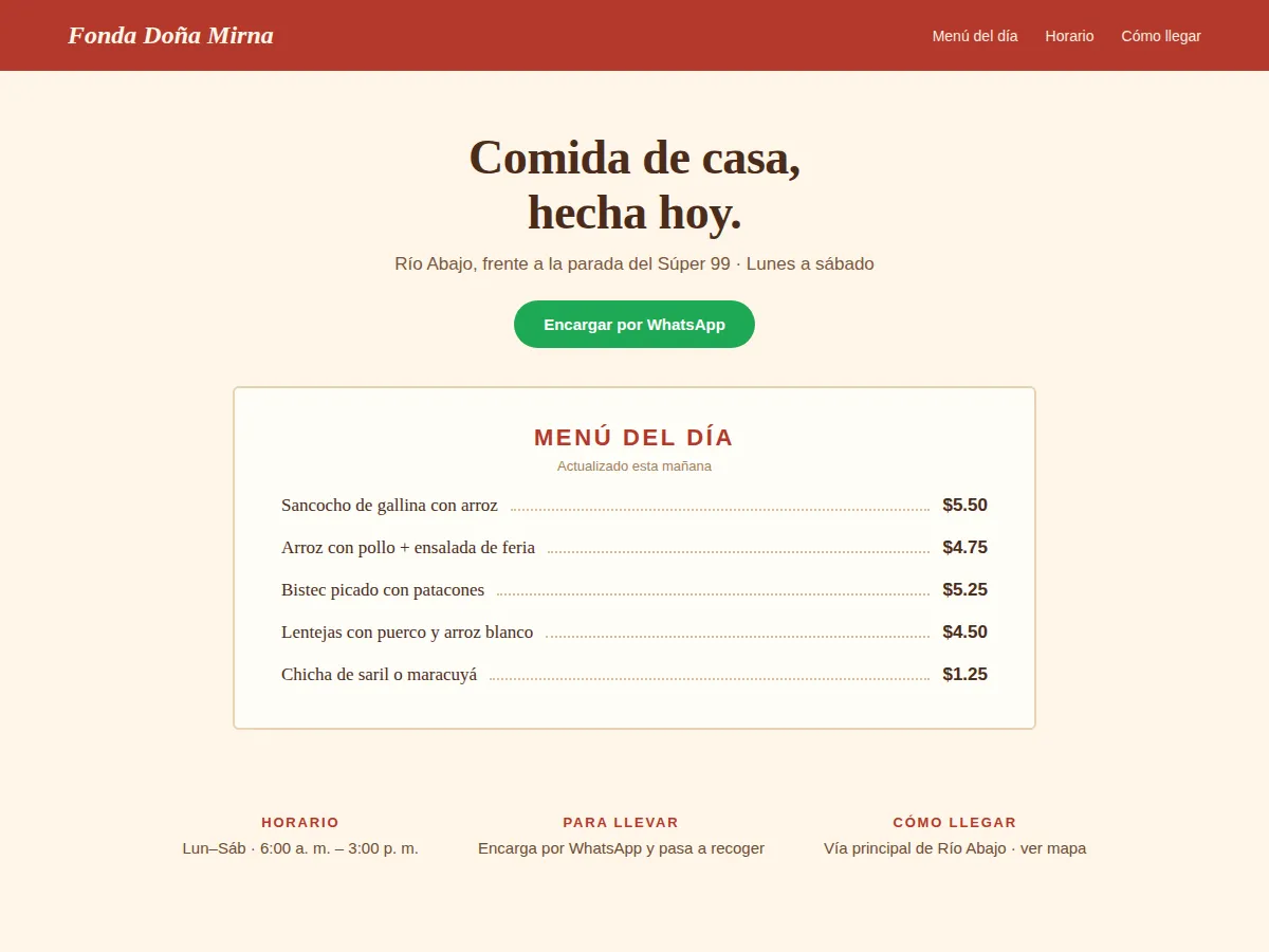 Captura del sitio de Fonda Doña Mirna, con el menú del día y botón de pedidos por WhatsApp