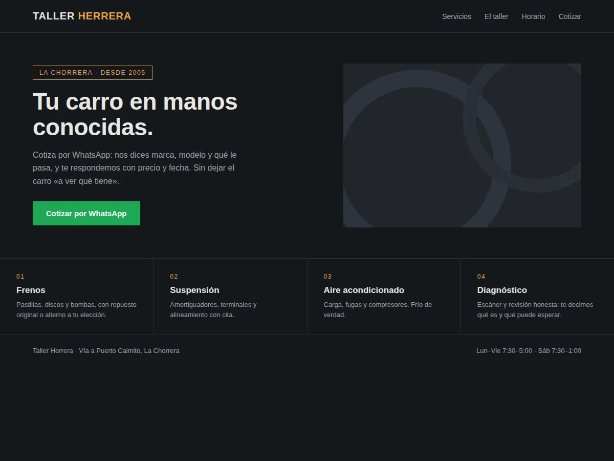 Captura del sitio de Taller Herrera, con sus servicios y botón de cotización por WhatsApp